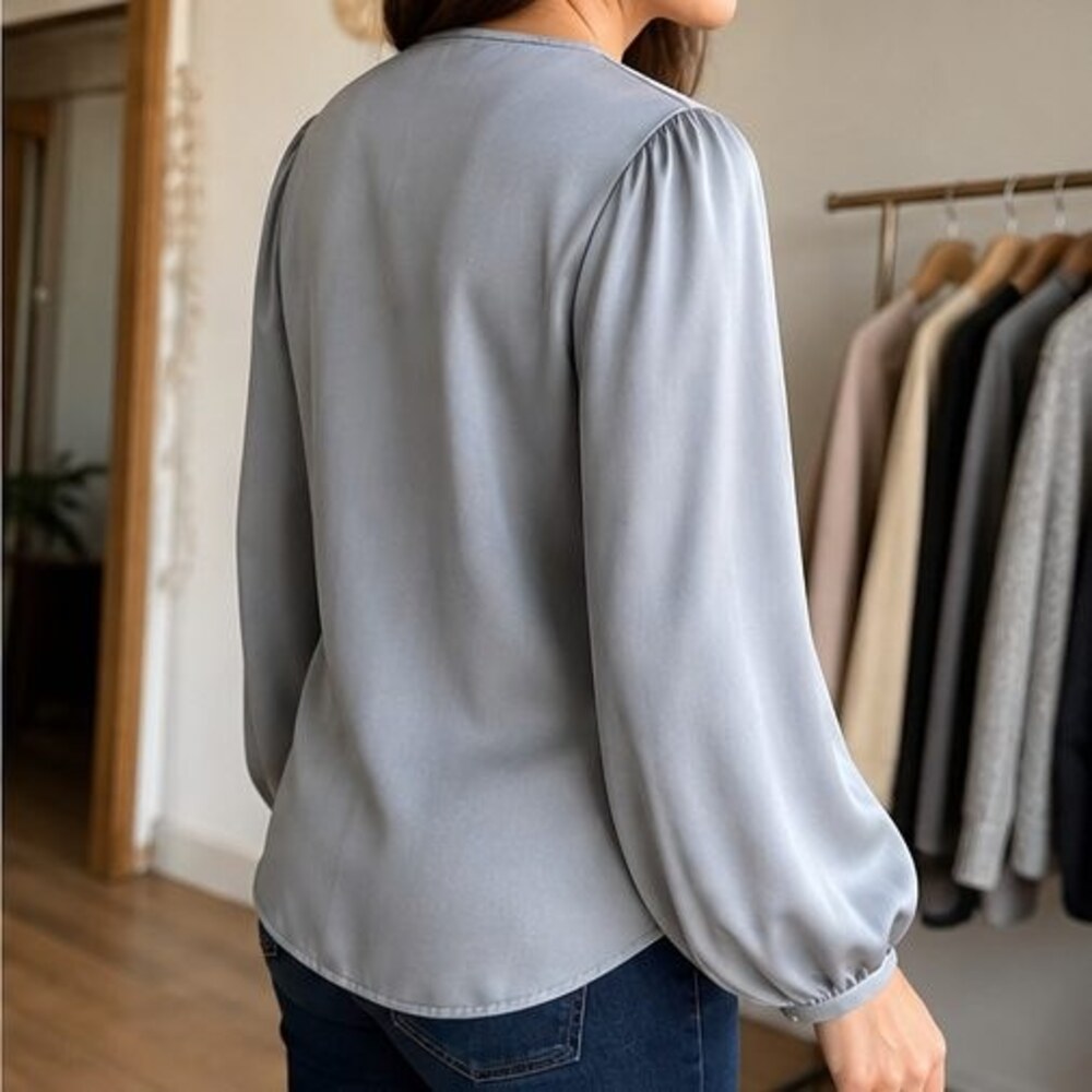 Gray Tie Neck Blouse - Picture 3 of 6